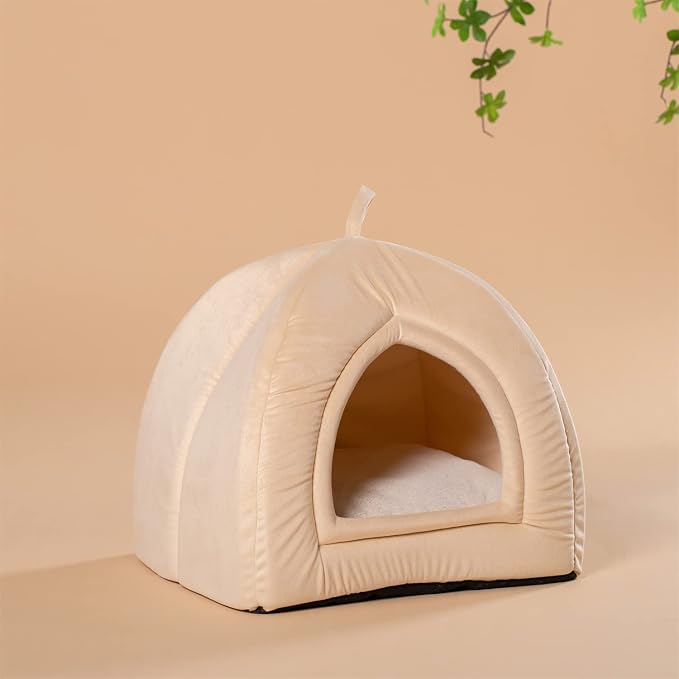 KASENTEX Cat Bed for Indoor Cats, 2-in-1 Cat House Pet Supplies for Large Cat or Small Dog - Animal Cave, Cat Tent with Removable Washable Pillow Cushion (Camel 19x19x19)