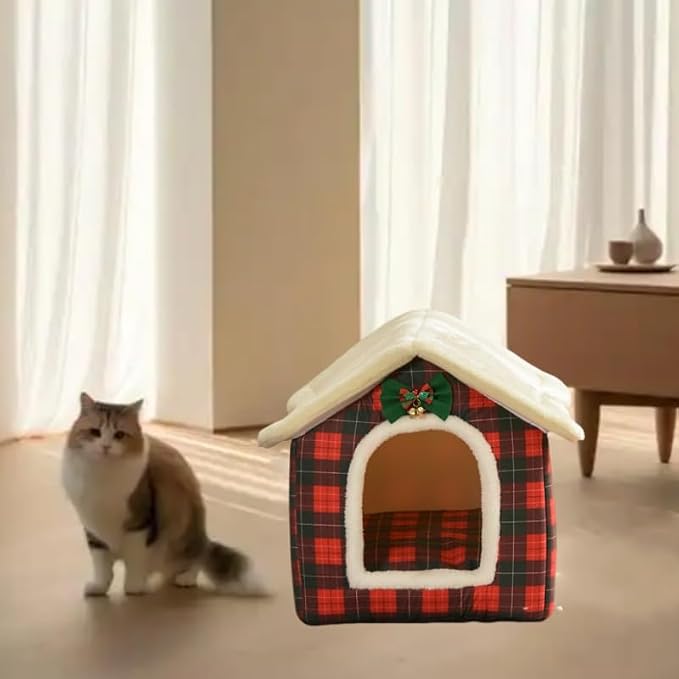 Cat Bed Cave, Cute Christmas Plaid Cat Beds for Indoor Cats, Pet House Cats Tent with Removable Cushion Pillow for Kittens Puppy Small Dogs (Plaid-S(15.7x12.6x13.7in))