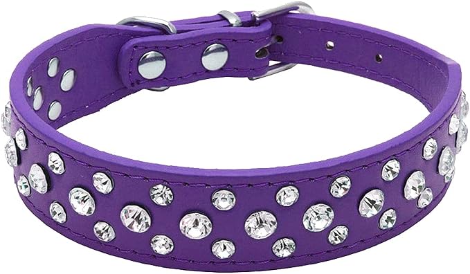 Rhinestone Dog Collar, Bling Rhinestone PU Leather Crystal Diamond Pet Dog Cat Puppy Collar Black S M L XL (M, Purple)