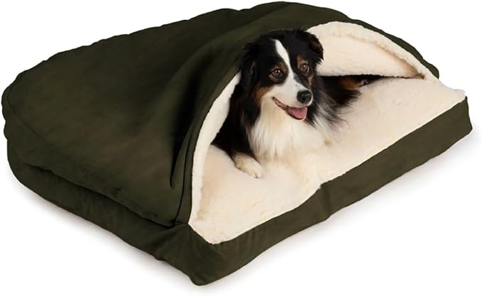 Snoozer Rectangle Cozy Cave Dog Bed - Indoor Dog Bed with Cover Cave, Covered Calming Burrow for Small Sized Pets with Blanket Attached, Enclosed, Washable Cover - Small, Olive