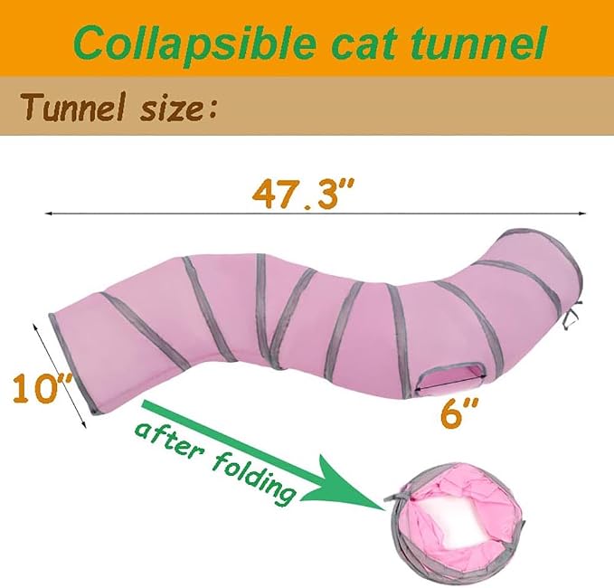 2-Way Collapsible Cat Tunnel Tube Toy Pink — Interactive Play Tunnel with Peek Hole for Indoor Cats, Kittens, Puppies & Rabbits | Hours of Fun & Exercise