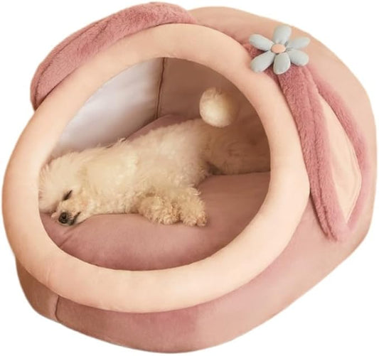 Warm Soft Cave Dog Bed & Cat Bed - Cute Indoor Pet Bed for Cats Up to 16 Lb, Small Dogs & Puppies, Cozy Cave Design for Cats and Puppies(Pink Rabbit,18.5''X14.17''X16.14'')