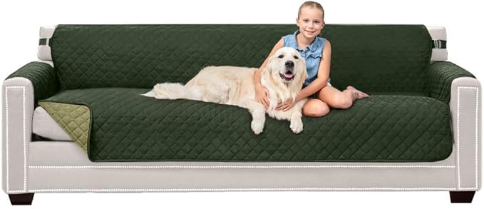 Sofa Shield® Couch Slip Covers for Dogs, Reversible Furniture Protector with Strap, Stain and Tear Resistant Cushion Cover, 88 inch Seat, Machine Washable Slipcover Pets, Cats, Hunter Green Sage