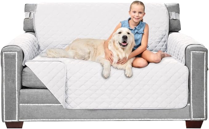 Sofa Shield® Couch Loveseat Covers for Dogs, Reversible Furniture Protector with Strap, Stain and Tear Resistant Cushion Cover, 54 inch Seat, Machine Washable Slipcover Dog Pets Cats, White