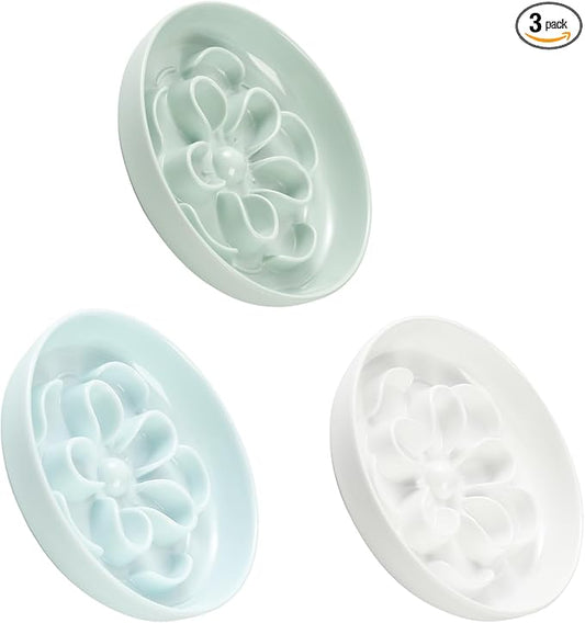 Melamine Cat Slow Feeder Bowl Set - Floral Maze Food Dishes for Cats and Small Dogs - Shallow Wide Plates for Dry & Wet Food - 3 Pack - White & Green & Blue