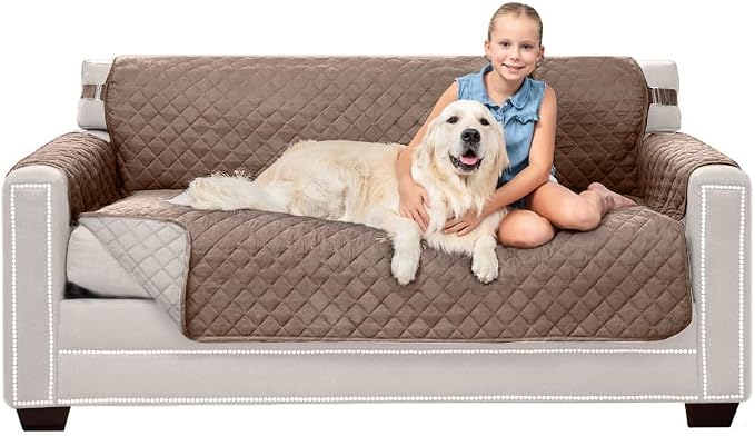 Sofa Shield® Couch Slip Covers for Dogs, Reversible Furniture Protector with Strap, Stain and Tear Resistant Cushion Cover, 62 inch Seat, Machine Washable Slipcover Pets, Cats, Latte Linen
