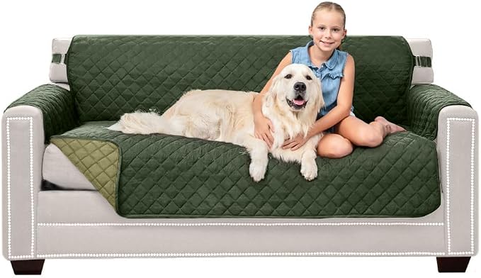 Sofa Shield® Couch Slip Covers for Dogs, Reversible Furniture Protector with Strap, Stain and Tear Resistant Cushion Cover, 62 inch Seat, Machine Washable Slipcover Pets, Cats, Hunter Green Sage