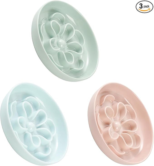 Melamine Cat Slow Feeder Bowl Set - Floral Maze Food Dishes for Cats and Small Dogs - Shallow Wide Plates for Dry & Wet Food - 3 Pack - Green & Blue & Pink