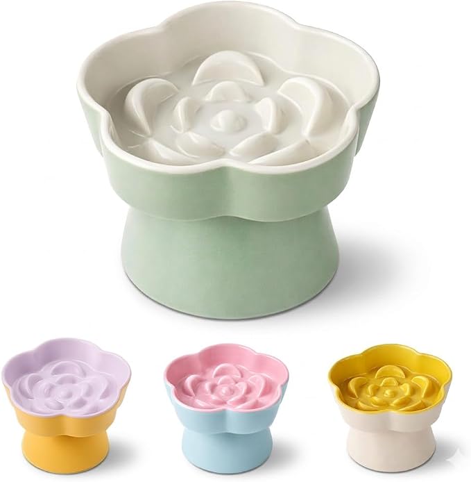 Ceramic Elevated Slow Feeder Cat Bowl, Raised and Gently Tilted Feeding Dish with Maze Design, Whisker-Friendly, Easy to Clean, for Indoor Cats and Small Dogs (Green/Ivory)