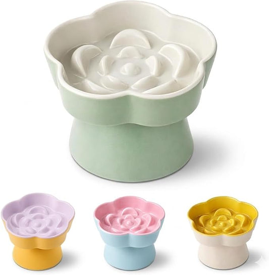 Ceramic Elevated Slow Feeder Cat Bowl, Raised and Gently Tilted Feeding Dish with Maze Design, Whisker-Friendly, Easy to Clean, for Indoor Cats and Small Dogs (Green/Ivory)