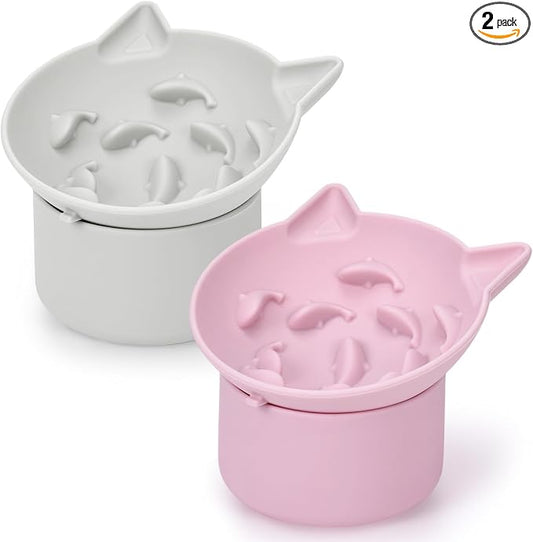 Funnymoom 2 Pack Silicone Cat Slow Feeder, Elevated Slow Feeder Cat Bowl for Dry and Wet Food, Tilted Design with Non Slip Base, Adjustable Angle for Pet(Gray and Pink)