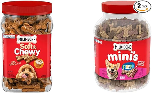 Milk-Bone Dog Treats Bundle: Soft & Chewy Chicken 25 Ounce + Flavor Snacks Mini's Dog Biscuits 36 Ounce