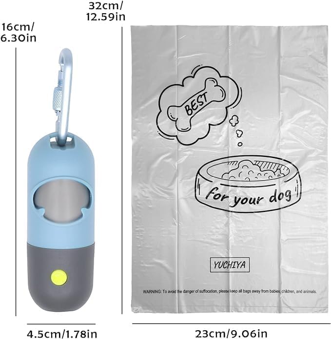 Dog Poop Bag Holder with LED Flashlight for Night Walks,Silicone Tether & Panda Pattern Clip for Used Bags, Hands-Free Metal Leash Carabiner, Includes 15 Scented Waste Bags (Blue)