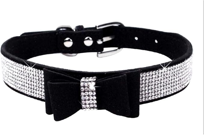 Rhinestone Dog Collar, Cute Dazzling Sparkling Soft Suede Leather Dog Cat Rhinestone Collar Crystal Diamond Pet Dog Puppy Collar (S, Black-1)