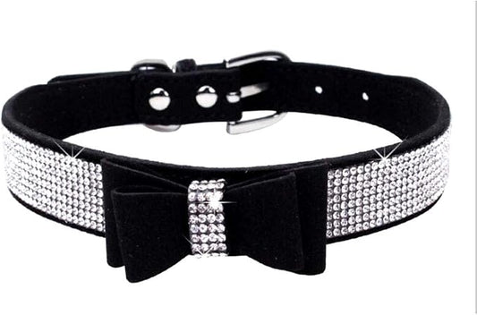 Rhinestone Dog Collar, Cute Dazzling Sparkling Soft Suede Leather Dog Cat Rhinestone Collar Crystal Diamond Pet Dog Puppy Collar (S, Black-1)