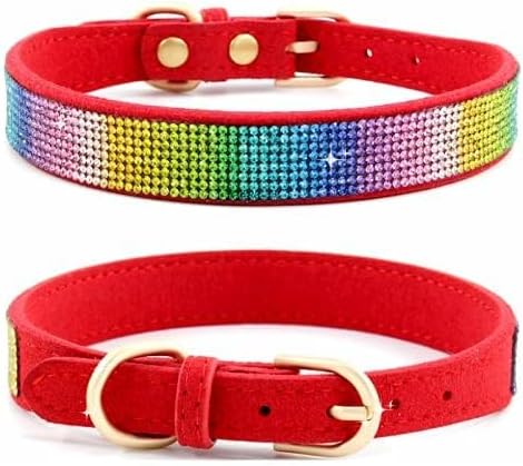 Rhinestone Dog Collar, Cute Dazzling Sparkling Soft Suede Leather Dog Cat Rhinestone Collar Crystal Diamond Pet Dog Puppy Collar (XS, Red-3)