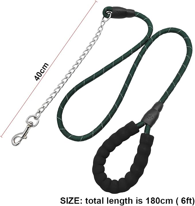 BTINESFUL 6FT Chewproof Dog Leash, Strong Nylon Rope with Anti-Chewing Chain and Padded Handle for Medium Large Dogs Outdoor Training Walking Hiking Dark Green