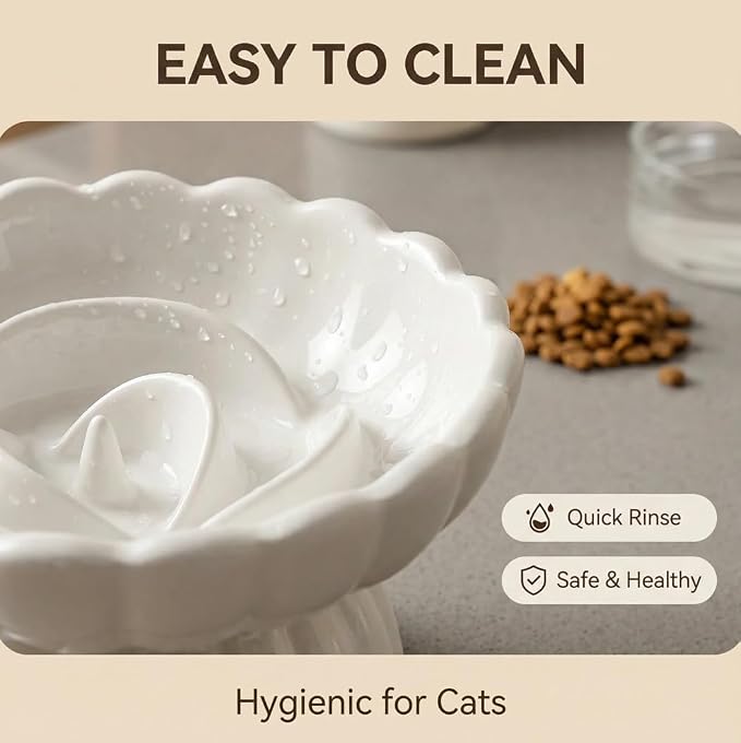 Ceramic Cat Slow Feeder, Raised Slow Feeder Cat Bowl, Anti Vomiting and Whisker Friendly Kitty Dish, Elevated Puppy Kitten Food Bowl for Dry and Wet Food (White)