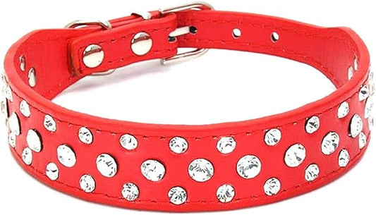 Rhinestone Dog Collar, Bling Rhinestone PU Leather Crystal Diamond Pet Dog Cat Puppy Collar Black S M L XL (L, Red)