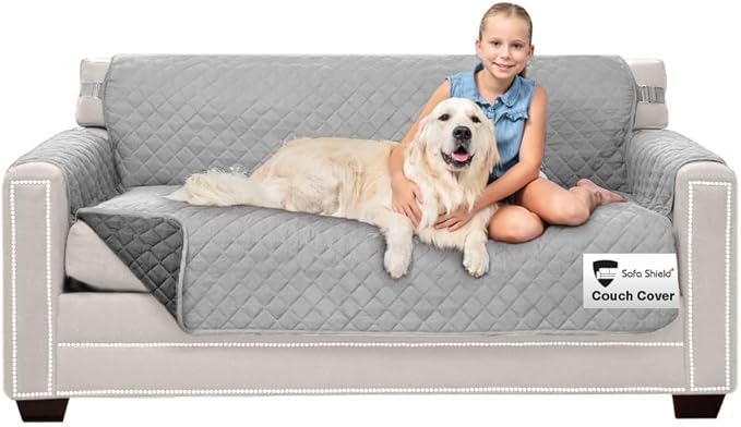 Sofa Shield® Couch Slip Covers for Dogs, Reversible Furniture Protector with Strap, Stain and Tear Resistant Cushion Cover, 62 inch Seat, Machine Washable Slipcover Pets, Cats, Light Gray Charcoal