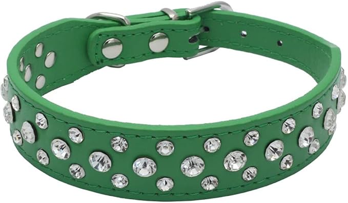 Rhinestone Dog Collar, Bling Rhinestone PU Leather Crystal Diamond Pet Dog Cat Puppy Collar Black S M L XL (M, Green)