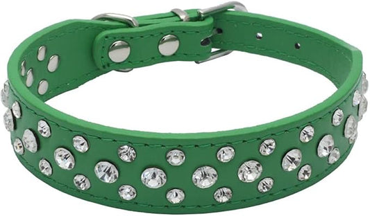 Rhinestone Dog Collar, Bling Rhinestone PU Leather Crystal Diamond Pet Dog Cat Puppy Collar Black S M L XL (M, Green)