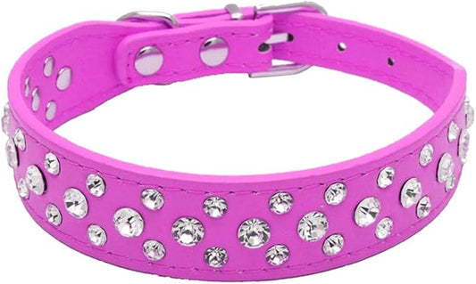 Rhinestone Dog Collar, Bling Rhinestone PU Leather Crystal Diamond Pet Dog Cat Puppy Collar Black S M L XL (M, Hot Pink)