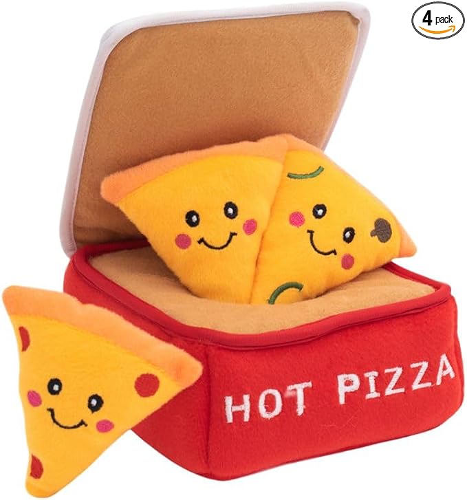 ZippyPaws Burrow- Interactive Dog & Puppy Toys for Boredom, Stimulating Pet Products to Keep Them Busy, Hide & Seek Plush Dog Puzzle, Enrichment Squeaky Toy, for Small & Medium Dogs- Pizza Box