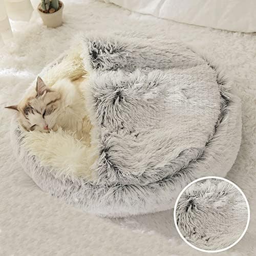 Cat Bed Round Fluffy Hooded Cat Bed Cave, Anti-Anxiety Cave Bed with Hooded Blanket, Cozy Cuddler Luxury Puppy Pet Bed, Anti-Slip Bottom and Machine Washable