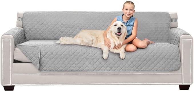 Sofa Shield® Couch Slip Covers for Dogs, Reversible Furniture Protector with Strap, Stain and Tear Resistant Cushion Cover, 78 inch Seat, Machine Washable Slipcover Pets, Cats, Light Gray