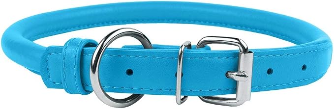 CollarDirect Rolled Leather Dog Collar, Soft Padded Round Puppy Collar, Handmade Genuine Leather Collar Dog Small Large Cat Collars 13 Colors (13-16 Inch, Light Blue Textured)