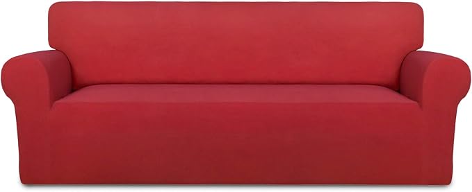 PureFit Super Stretch Sofa Slipcover – Spandex Non Slip Soft Couch Sofa Cover, Washable Furniture Protector with Non Skid Foam and Elastic Bottom for Kids, Pets （Oversized Sofa, Red）