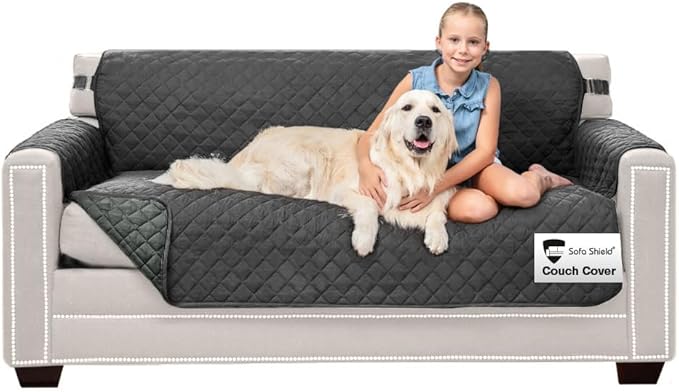 Sofa Shield® Couch Slip Covers for Dogs, Reversible Furniture Protector with Strap, Stain and Tear Resistant Cushion Cover, 62 inch Seat, Machine Washable Slipcover Dog Pets Cats, Charcoal