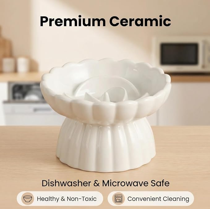 Ceramic Cat Slow Feeder, Raised Slow Feeder Cat Bowl, Anti Vomiting and Whisker Friendly Kitty Dish, Elevated Puppy Kitten Food Bowl for Dry and Wet Food (White)