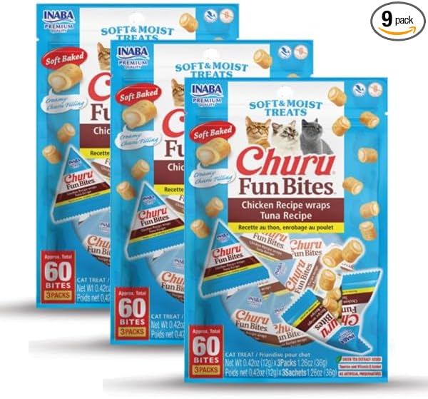 INABA Churu Fun Bites for Cats, Soft & Chewy Baked Chicken Wrapped Filled Cat Treats with Taurine, 0.42 Ounces Each Tetra, 9 Tetras (3 per Bag), Tuna Recipe