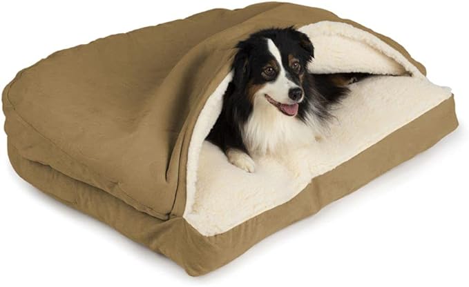 Snoozer Rectangle Cozy Cave Dog Bed - Indoor Dog Bed with Cover Cave, Covered Calming Burrow for Medium & Large Sized Pets with Blanket Attached, Enclosed, Washable Cover - Large, Camel