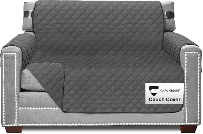 Sofa Shield® Couch Armchair Covers for Dogs, Reversible Furniture Protector with Strap, Stain and Tear Resistant Cushion Cover, 48 inch Seat, Machine Washable Slipcover Pets, Cats, Charcoal