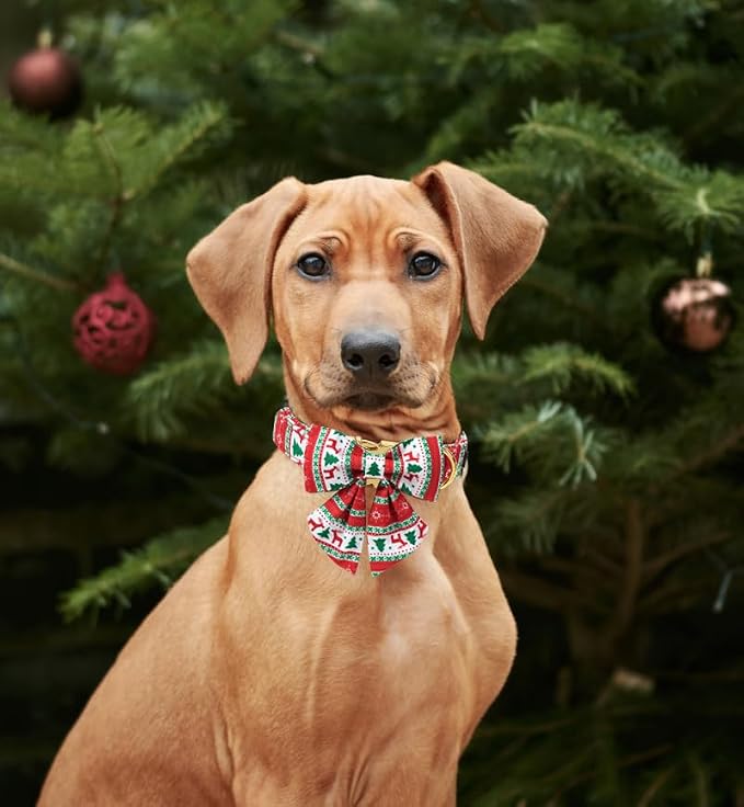 Unique Style Paws Christmas Day Dog Collar with Bowtie Christmas Tree Cotton Puppy Collars for Small Medium Large Dogs