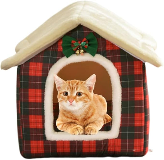 Cat Bed Cave, Cute Christmas Plaid Cat Beds for Indoor Cats, Pet House Cats Tent with Removable Cushion Pillow for Kittens Puppy Small Dogs (Plaid-M(18 * 14.6 * 15.7in))