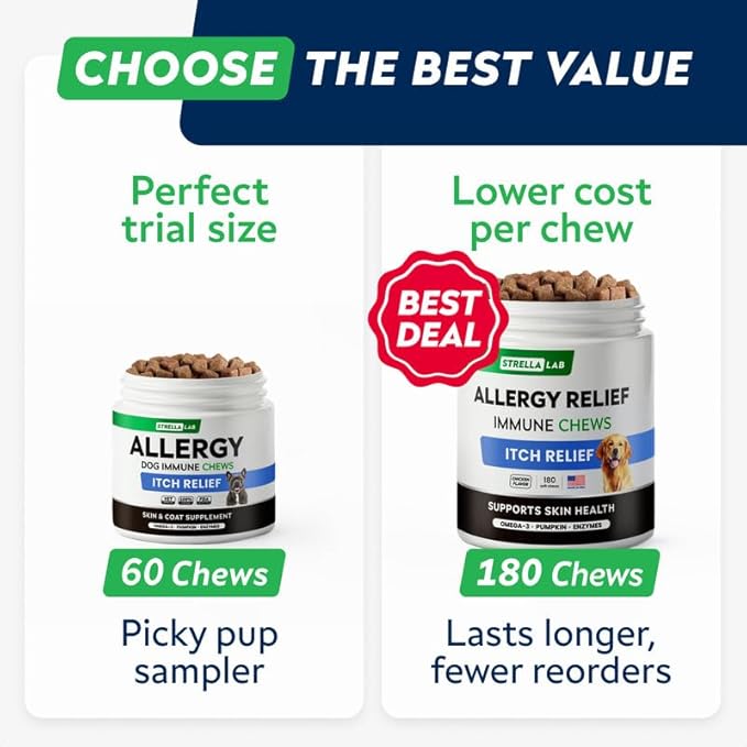 StrellaLab Dog Allergy Relief & Anti Itch Support Chews w/Omega 3: Real Ingredients, Real Taste! Skin & Coat Immune w/Fish Oil, Pumpkin & Enzymes — Developed by Experts - Made in USA - 60Ct
