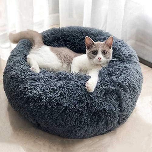 Modern Soft Plush Round Pet Bed for Cats or Small Dogs, Mini Medium Sized Dog Cat Bed Self Warming Autumn Winter Indoor Snooze Sleeping Cozy Kitty Teddy Kennel (24'' D x 8'' H, Dark Grey)