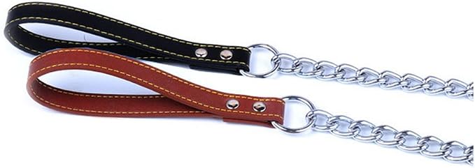 SGODA Chain Dog Leash with Leather Handle 4 Feet Black