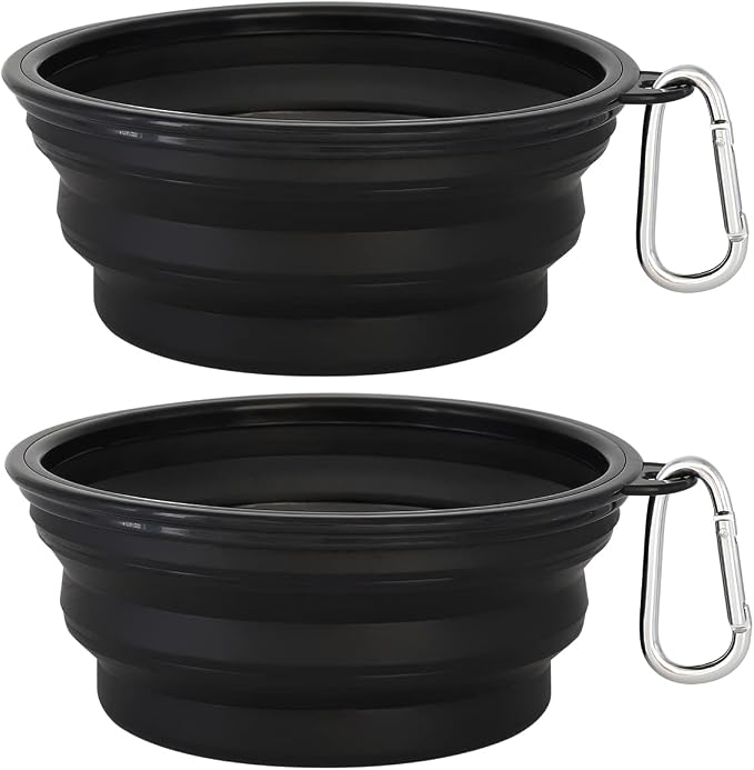 Kytely Large Collapsible Dog Bowls 2 Pack, 34oz Foldable Dog Travel Bowl, Portable Pet Water Food Bowl with Clasp, Pet Cat Feeding Cup Dish for Traveling, Walking, Hiking (Black+Black)