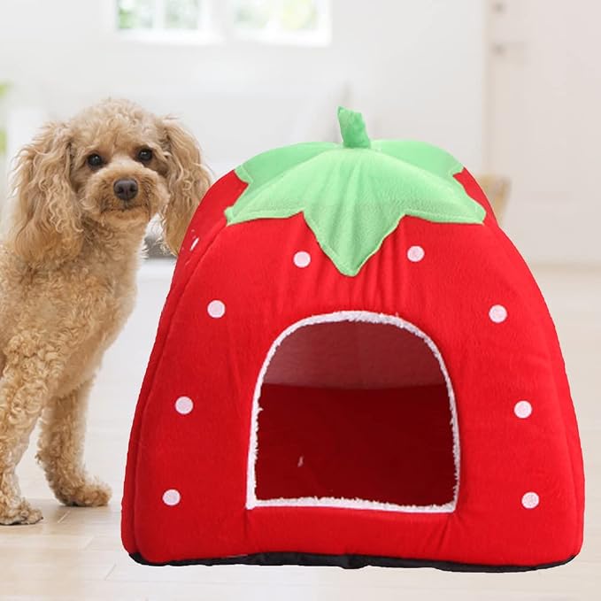 Strawberry Plush Pets House Washable Pets Cave Sofa Half-Closed Fluffy Dogs Room Soft Puppy House for Winter Indoor