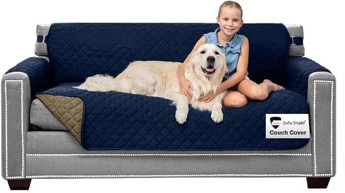 Sofa Shield® Couch Slip Covers for Dogs, Reversible Furniture Protector with Strap, Stain and Tear Resistant Cushion Cover, 62 inch Seat, Machine Washable Slipcover Dog Pets Cats, Navy Sand