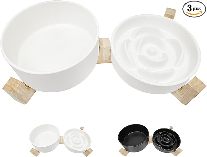 Ceramic Slow Feeder Dog Bowl Set-0.8 Cup Puzzle Dog Food Bowl（≈180g Food） for Fast Eater & 850ML Dog Water Bowl with Wooden Stand for Small Dogs and Cats,Anti-Slip-White