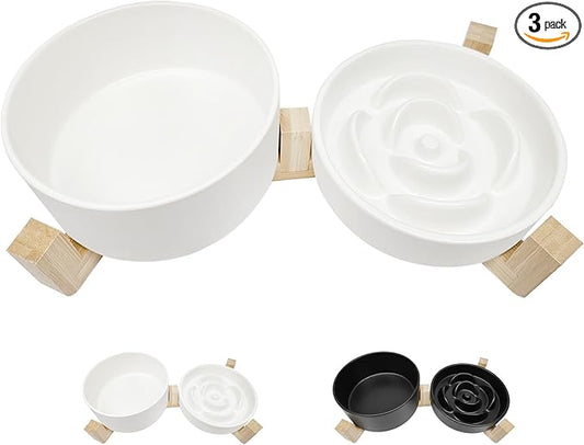 Ceramic Slow Feeder Dog Bowl Set-0.8 Cup Puzzle Dog Food Bowl（≈180g Food） for Fast Eater & 850ML Dog Water Bowl with Wooden Stand for Small Dogs and Cats,Anti-Slip-White