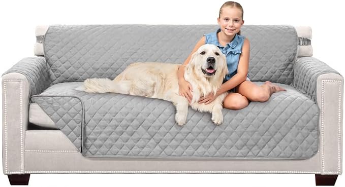 Sofa Shield® Couch Slip Covers for Dogs, Reversible Furniture Protector with Strap, Stain and Tear Resistant Cushion Cover, 70 inch Seat, Machine Washable Slipcover Pets, Cats, Light Gray