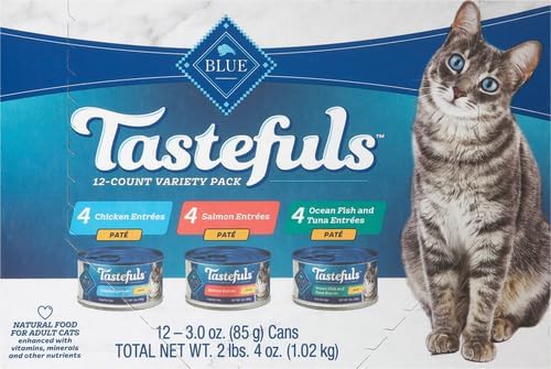 Blue Buffalo Tastefuls Natural Pate Wet Cat Food Variety Pack, Salmon, Chicken,Ocean Fish & Tuna Entrées 3-oz Cans (4 of Each Flavor), (Pack of 24)
