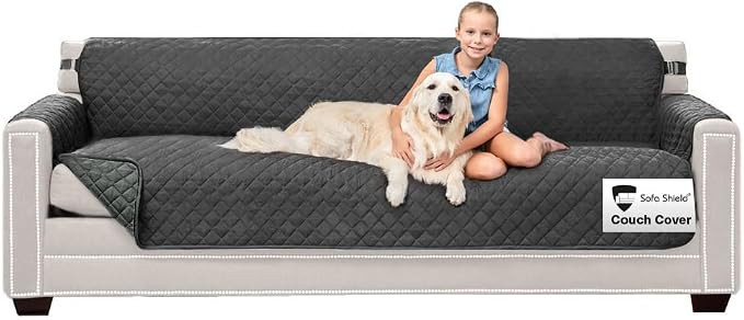 Sofa Shield® Couch Slip Covers for Dogs, Reversible Furniture Protector with Strap, Stain and Tear Resistant Cushion Cover, 88 inch Seat, Machine Washable Slipcover Dog Pets Cats, Charcoal